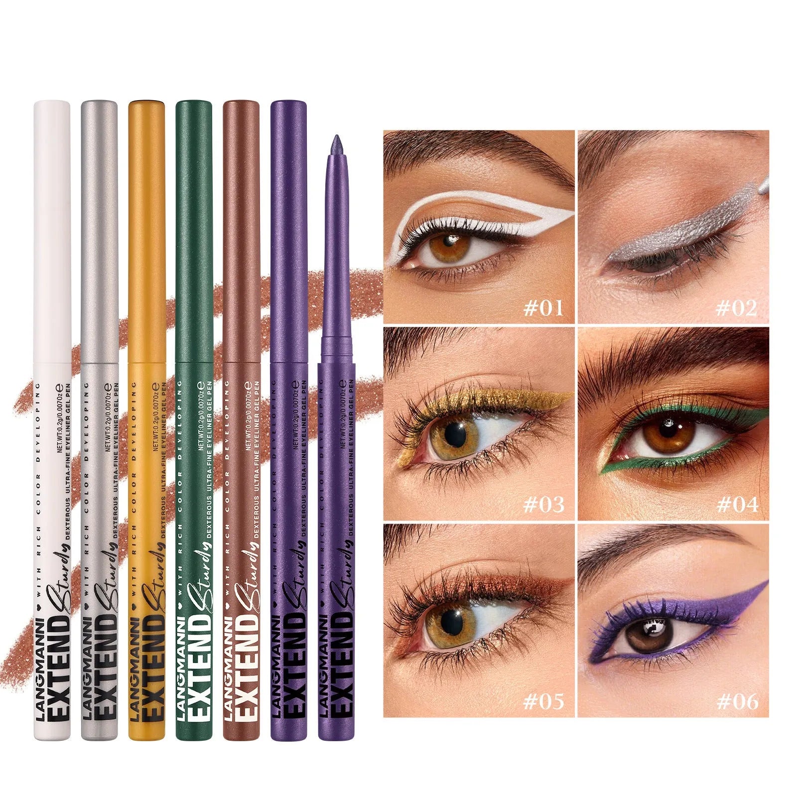 12 colourful gel eyeliner pencils with matte, glitter, metallic and pearl effects displayed together