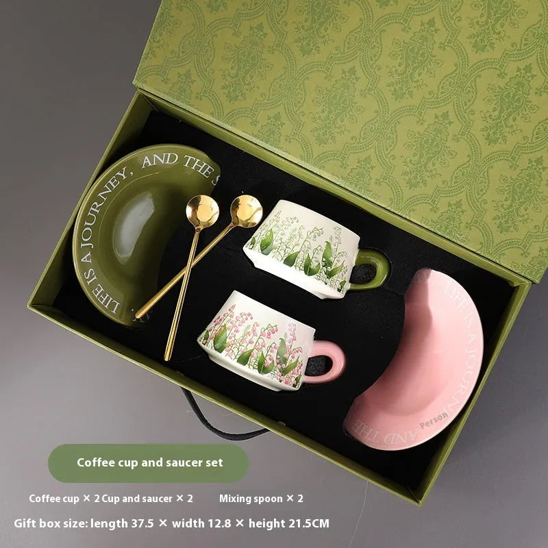 Ceramic couple's coffee cup set with saucers and spoons in Campanula or Lanling Grass designs