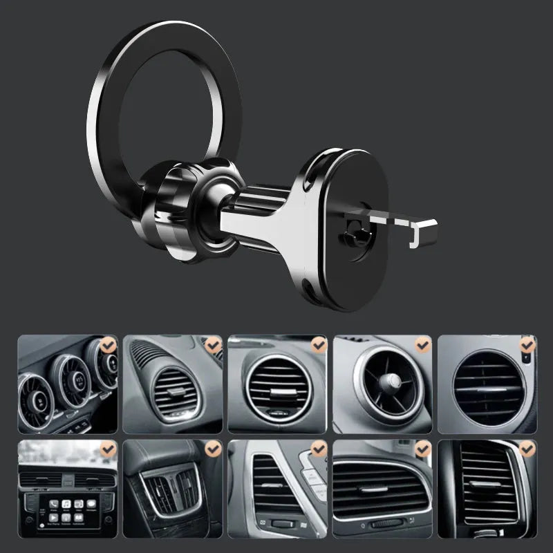 Black magnetic car air vent phone holder with O-ring design for mobile devices up to 6.8 inches