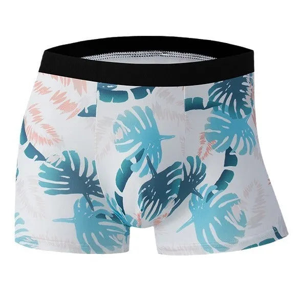 Men's ice silk underwear in polyester with floral print and mid-waist design