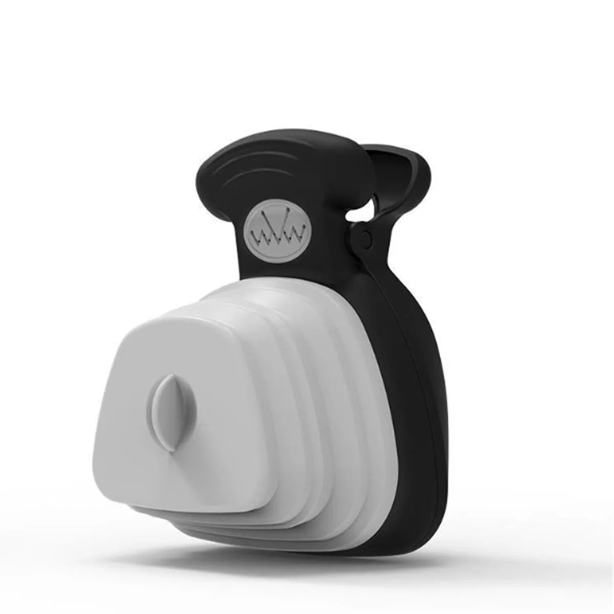 Blue portable dog pooper scooper with clip and expandable waste container next to a dog leash.