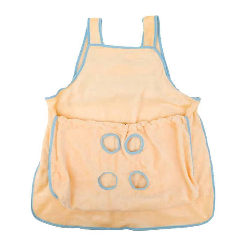 Plush pet carrier apron in beige with adjustable neck strap for small cats and dogs