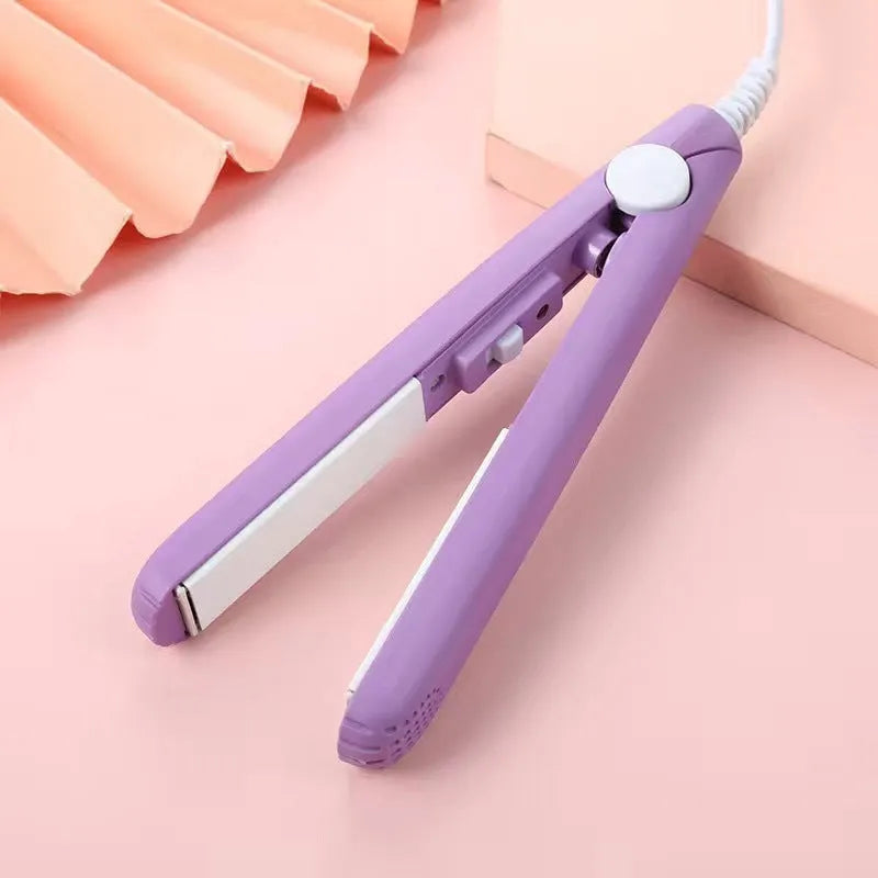 Mini hair straightener with storage box in choice of blue, pink, purple, white or yellow colour