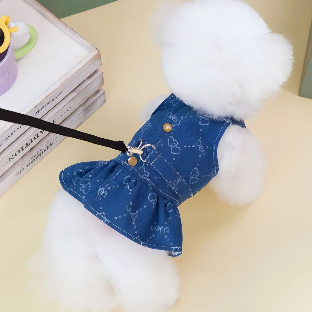 Blue denim Teddy Bichon pet dress in princess style with bracket skirt design