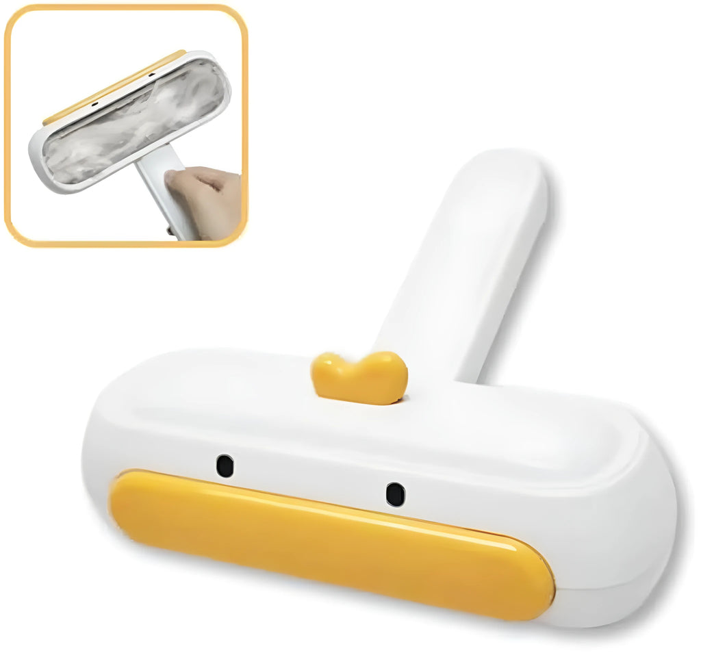 White portable pet hair remover tool with yellow duck design for reusable pet hair removal