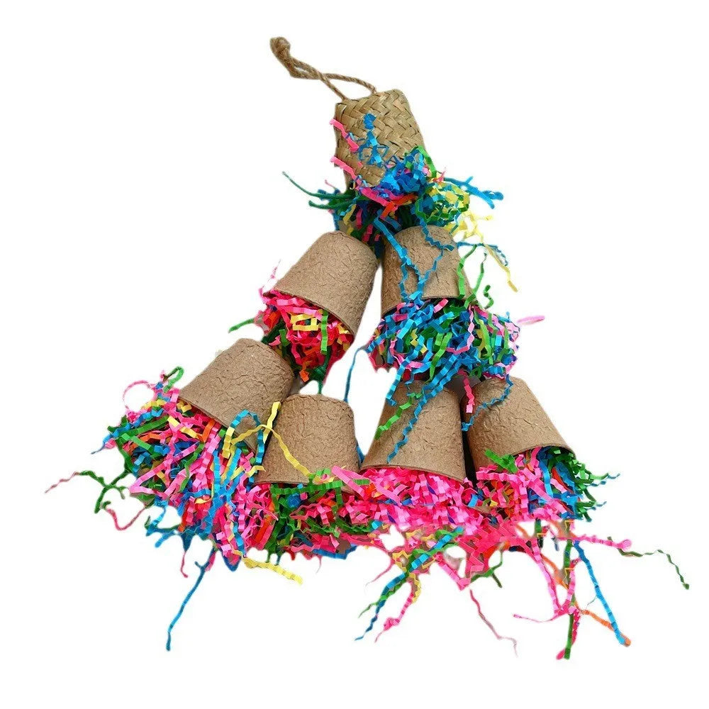 Natural palm parrot chewing toy with paper cup design hanging at 38cm length