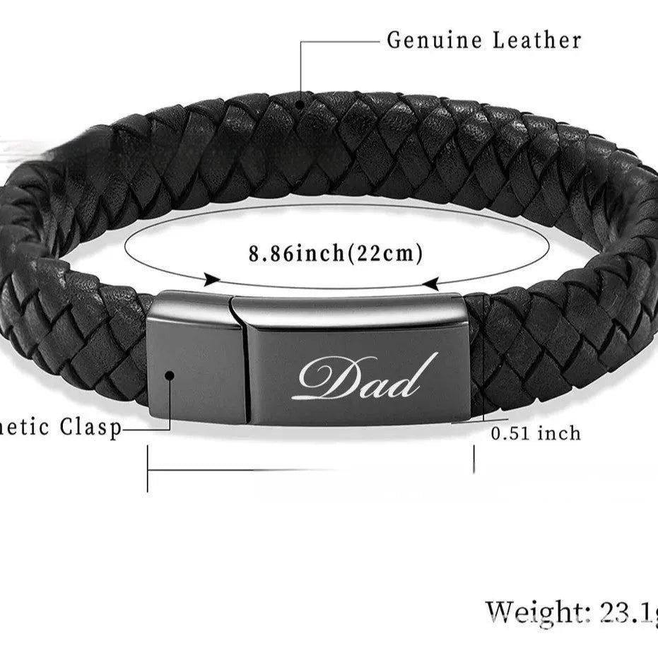 Black leather woven stainless steel casket bracelet with personalised lettering
