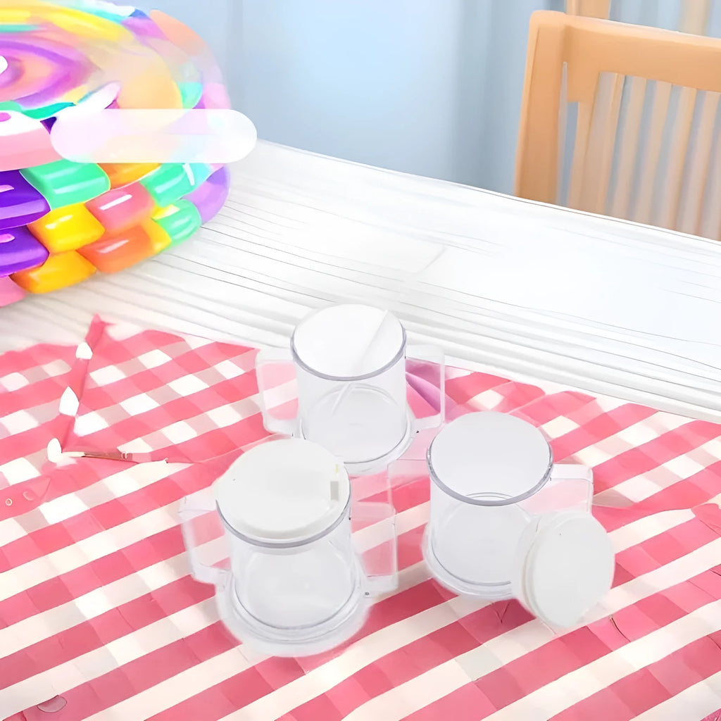Transparent spill-proof drinking cup with modern design showing dimensions