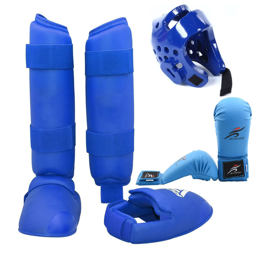 Red and blue karate protective gear set showing a helmet and leg guards made of PU material.