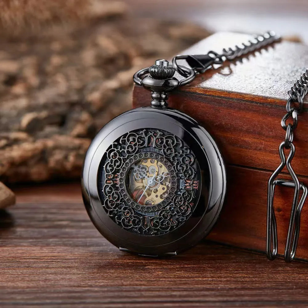 Retro floral print automatic mechanical pocket watch with transparent case back and alloy construction