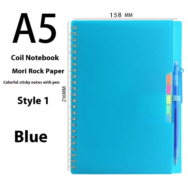 Reusable erasable coil notebook with stone paper, shown with a pen and available in multiple cover colour options.