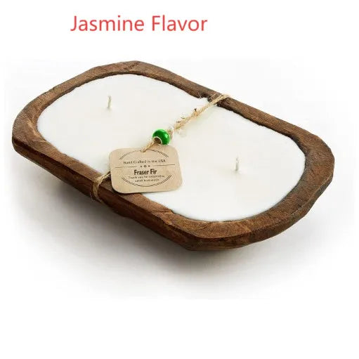 Retro-style wooden basin containing a Lavender soy wax aromatherapy candle with three visible wicks.