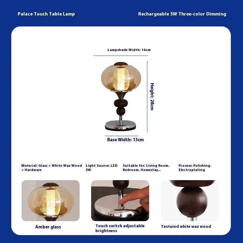 Solid wood rechargeable table lamp with touch control for dimming and three colour options