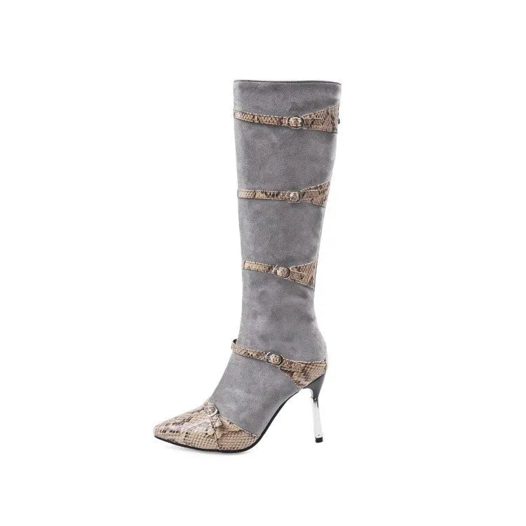 Grey and black women's knee-high high-heel boots with a thin 9cm heel and velvet lining.