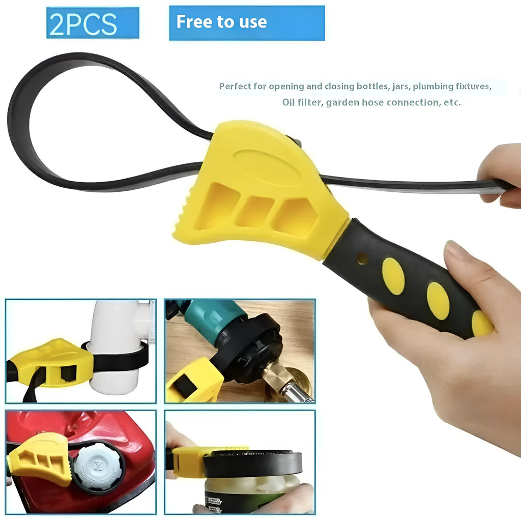 A 6-inch and 8-inch adjustable rubber strap wrench set with a black rubber strap and plastic handle.
