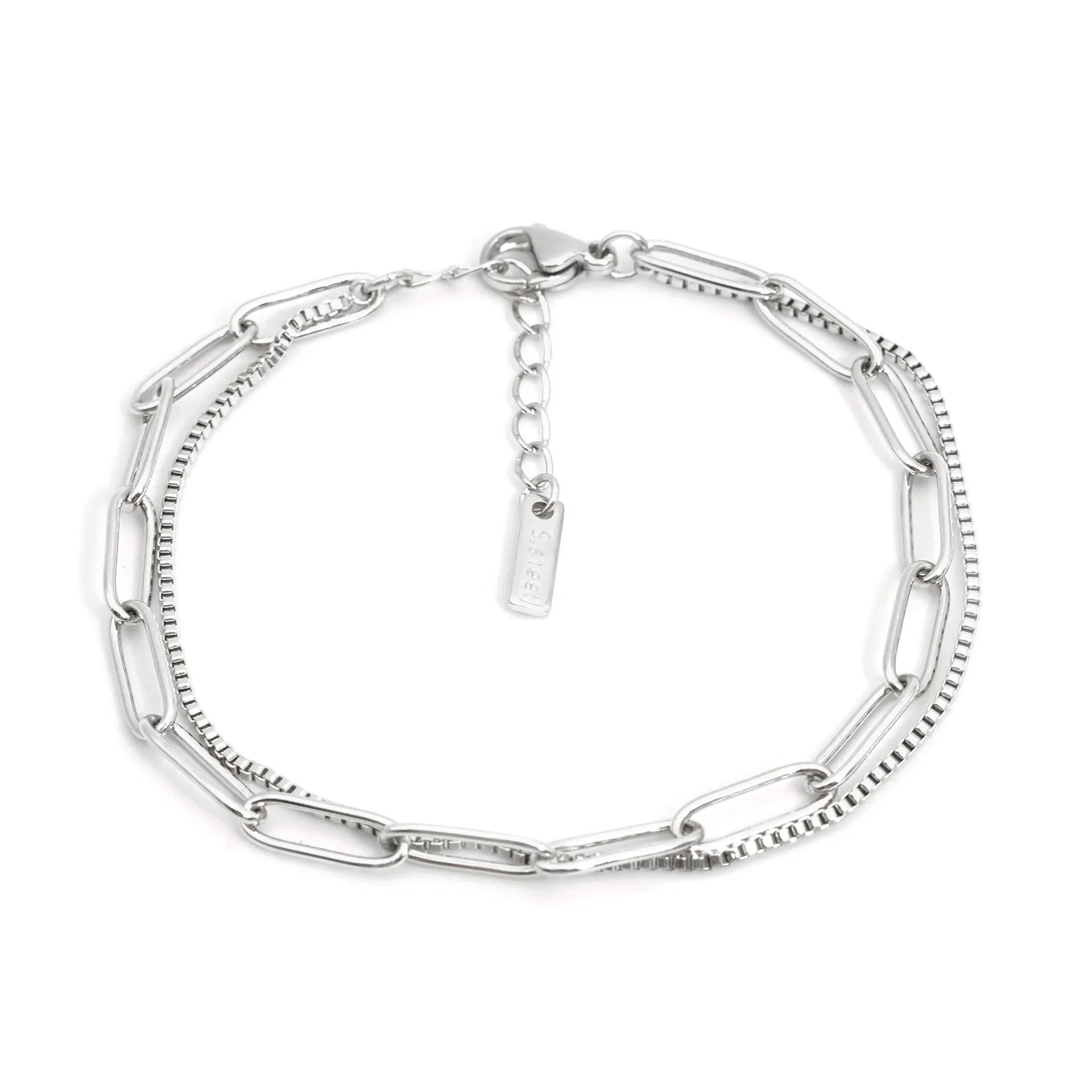 Gold and silver geometric double-layer stainless steel women's bracelet with linear design.