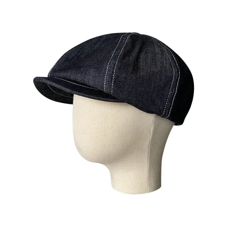 Black Japanese denim cotton beret with octagonal flat cap design