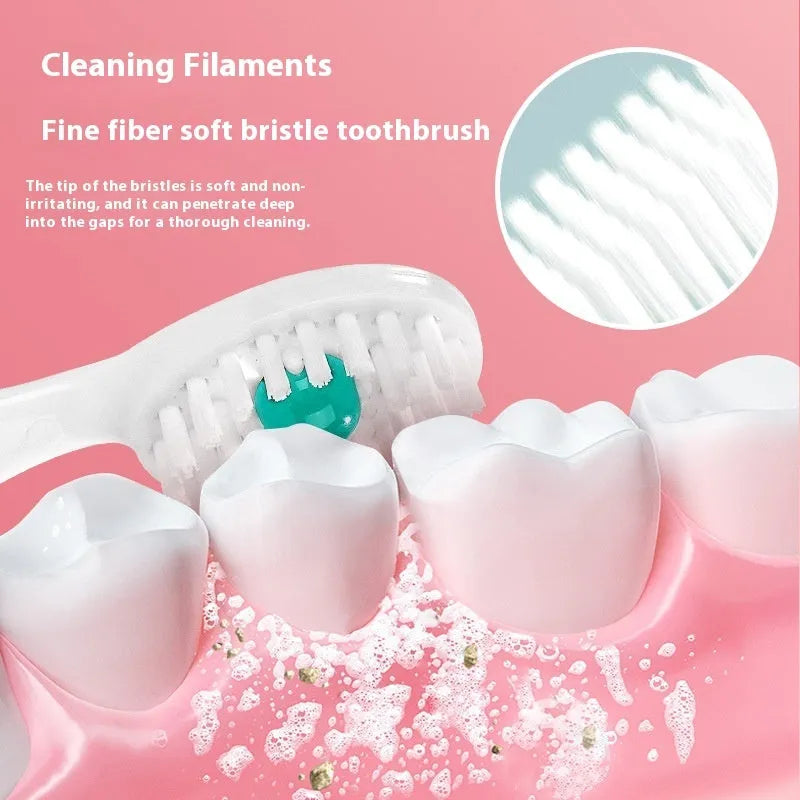 Box of disposable bead toothbrushes in flavours of mint, peach, and plum green tea for travel.