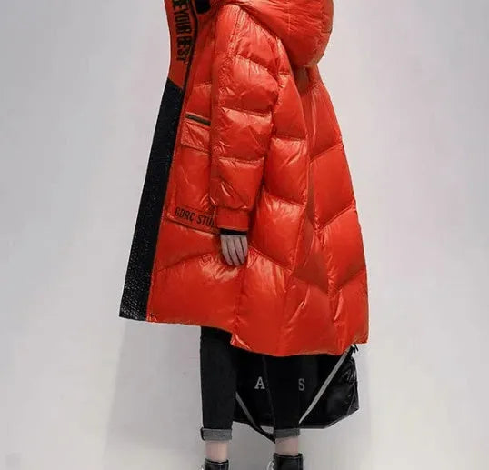 Women's ultra-thin mid-length down coat in black with long sleeves and loose fit, white duck down filling