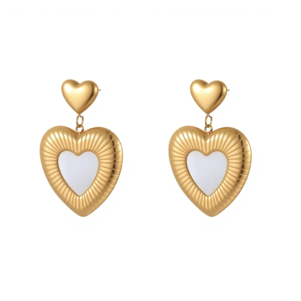 Gold heart-shaped stainless steel earrings with 18K electroplated finish for women's fashion wear