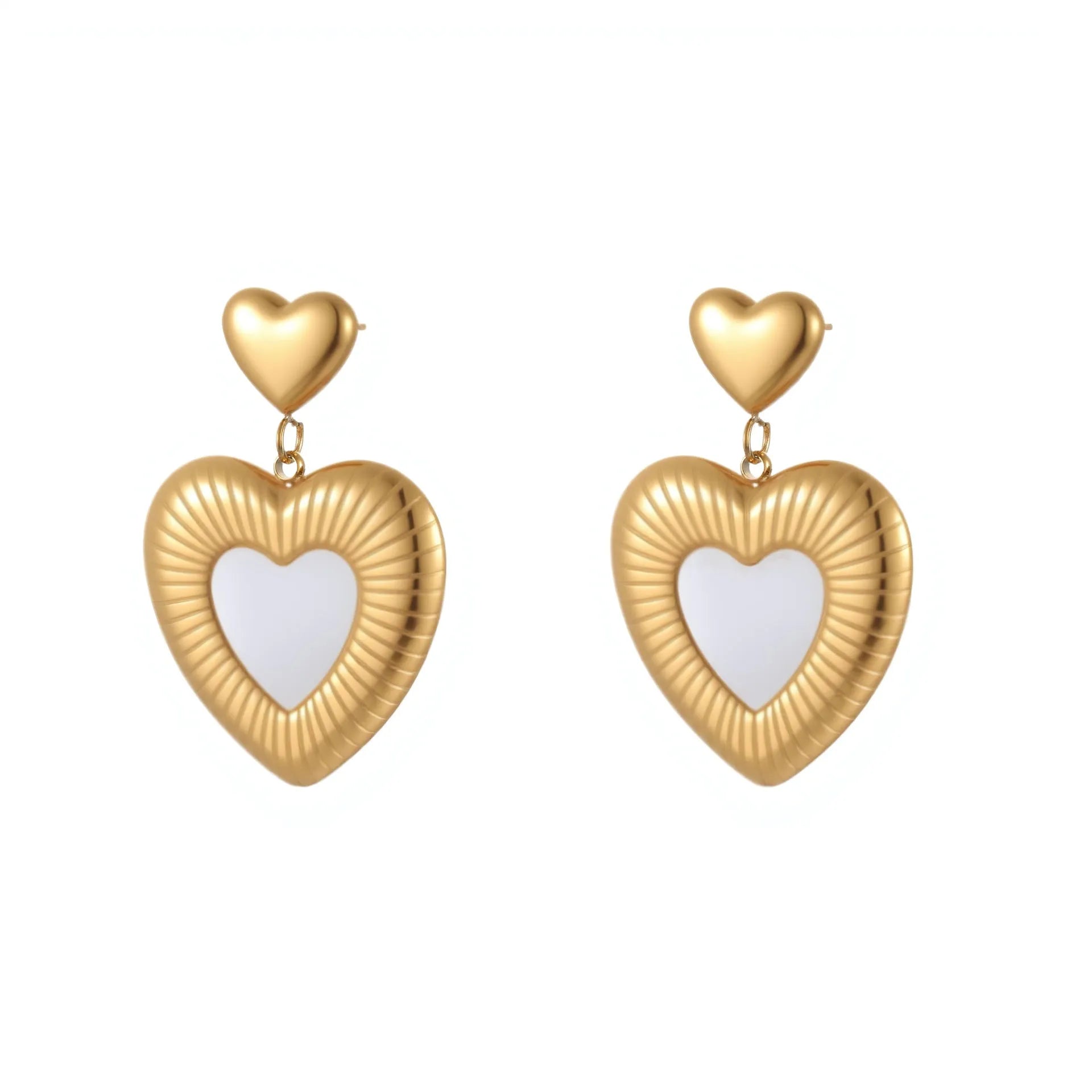 Gold heart-shaped stainless steel earrings with 18K electroplated finish for women's fashion wear