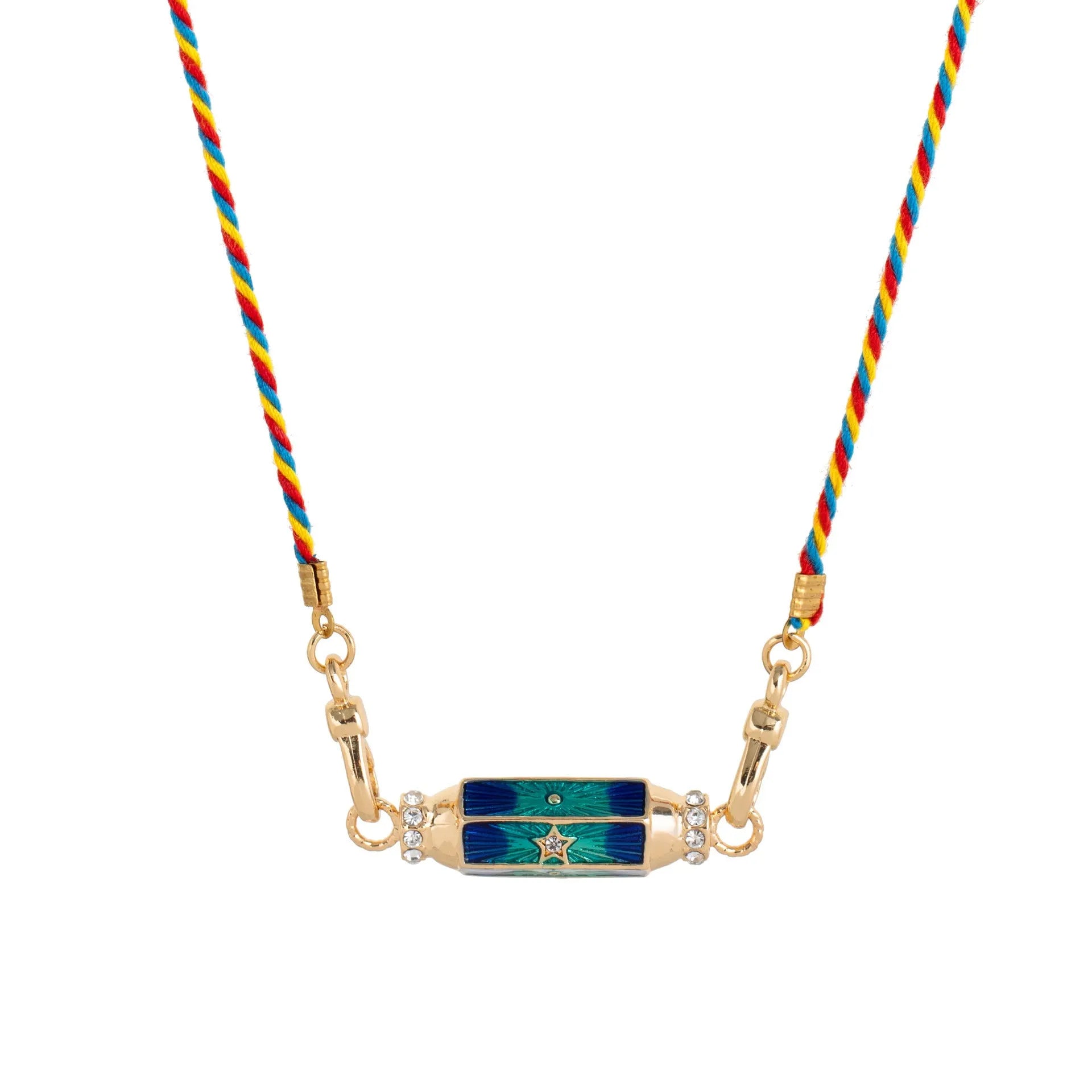 Copper geometry pendant necklace for men with star and eye motifs in blue colour on regular chain