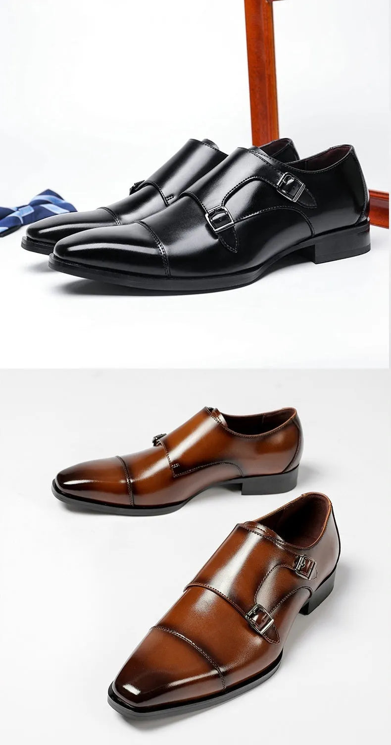 Men's square-toe leather shoes in black and light brown, showing low-top design and rubber sole.