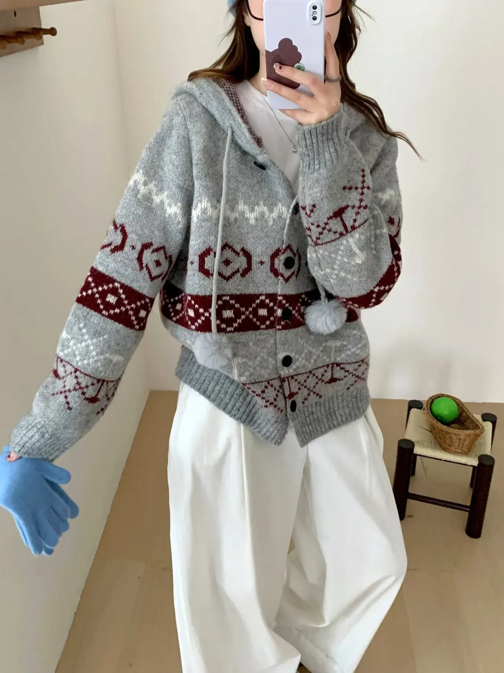 Women's plus size brocade sweater coat with geometric pattern in loose style