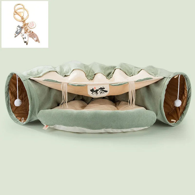 Collapsible cloth cat tunnel in choice of colours showing folded and unfolded states