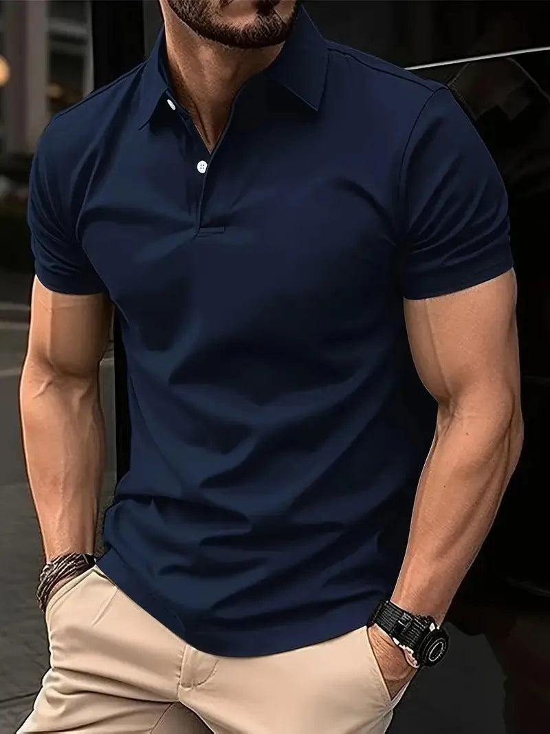 Men's slim fit solid colour cotton blend short sleeve button-down shirt on a hanger.