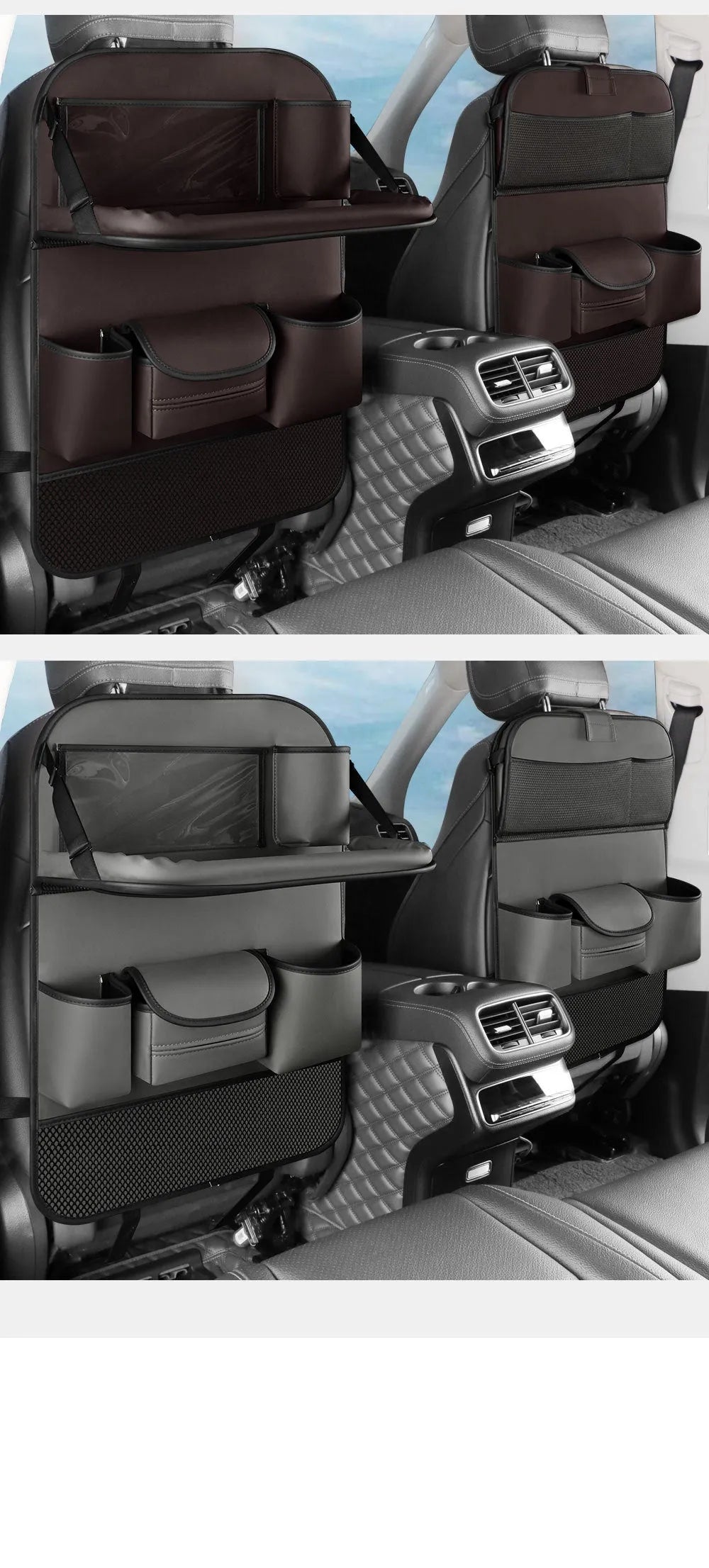 Car seat back storage bag with foldable dining table in leather, waterproof and pressure resistant, high grade gray colour