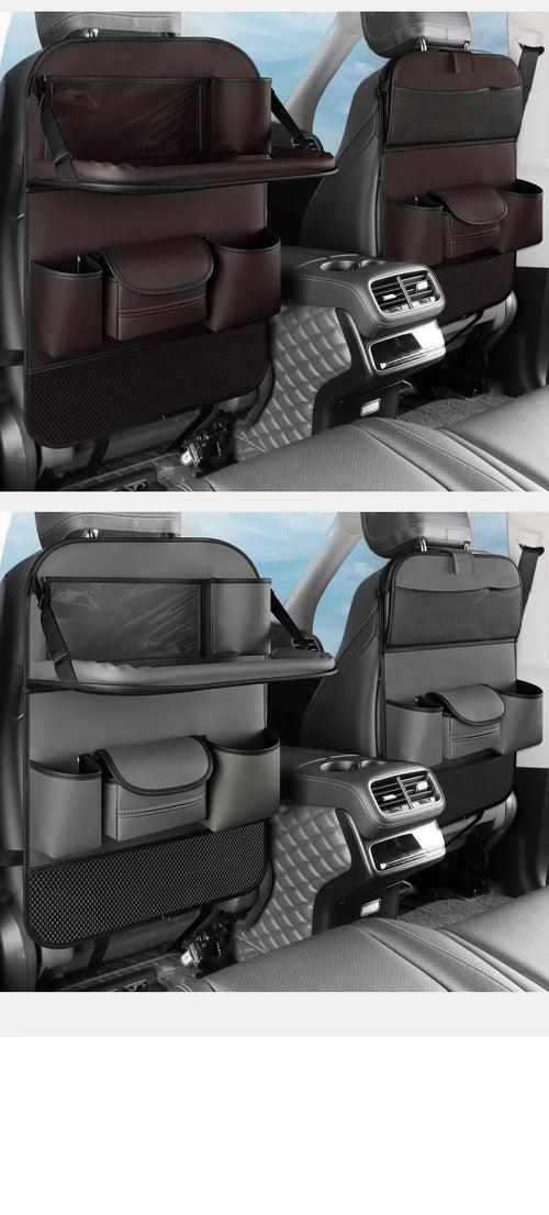 Car seat back storage bag with foldable dining table in leather, waterproof and pressure resistant, high grade gray colour