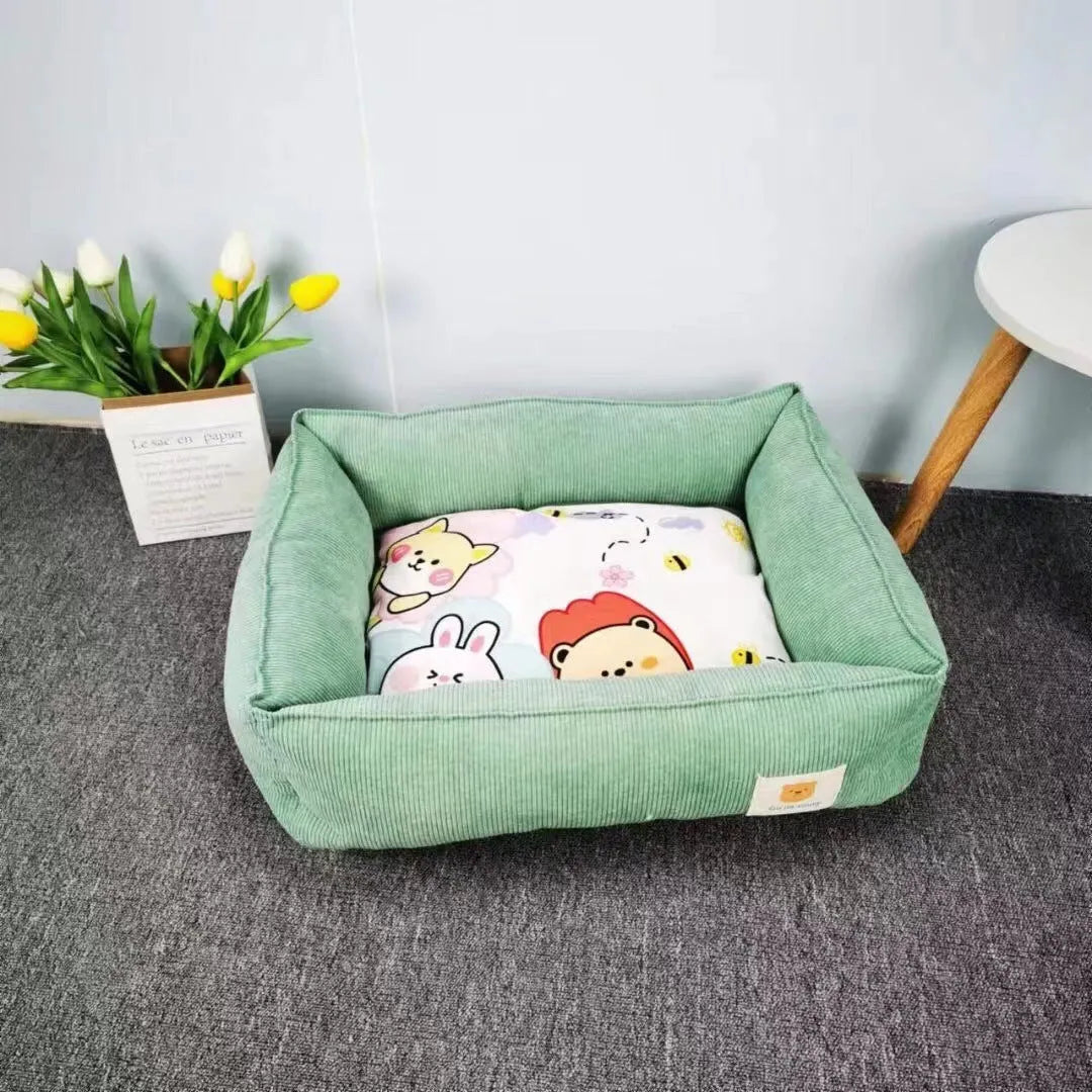 Soft fabric pet winter bed for dogs and cats in light blue colour, showing plush velvet texture.