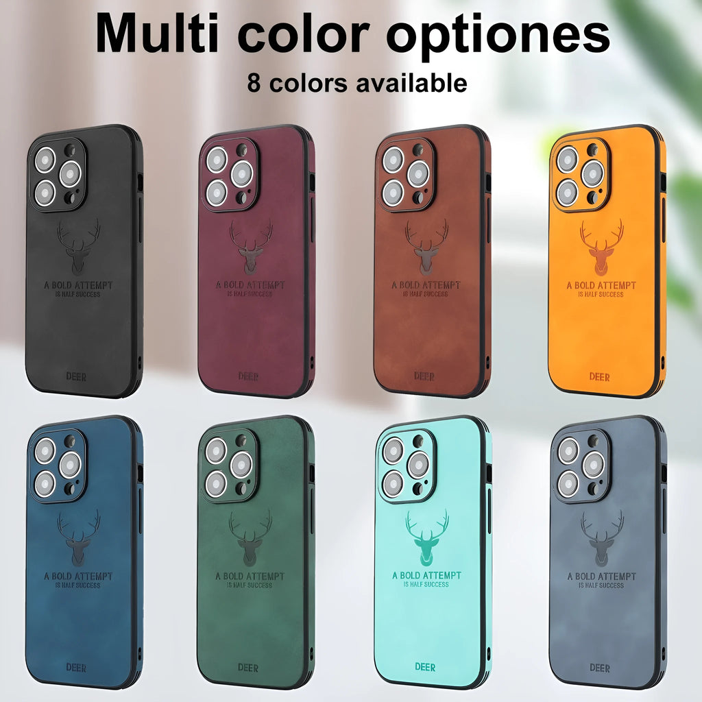 iPhone 16 series magnetic charging phone case with embossed brown moose head design on imitation leather.