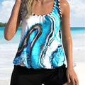 Blue tie-dyed floral pattern women's one-piece swimsuit with shorts in plus sizes