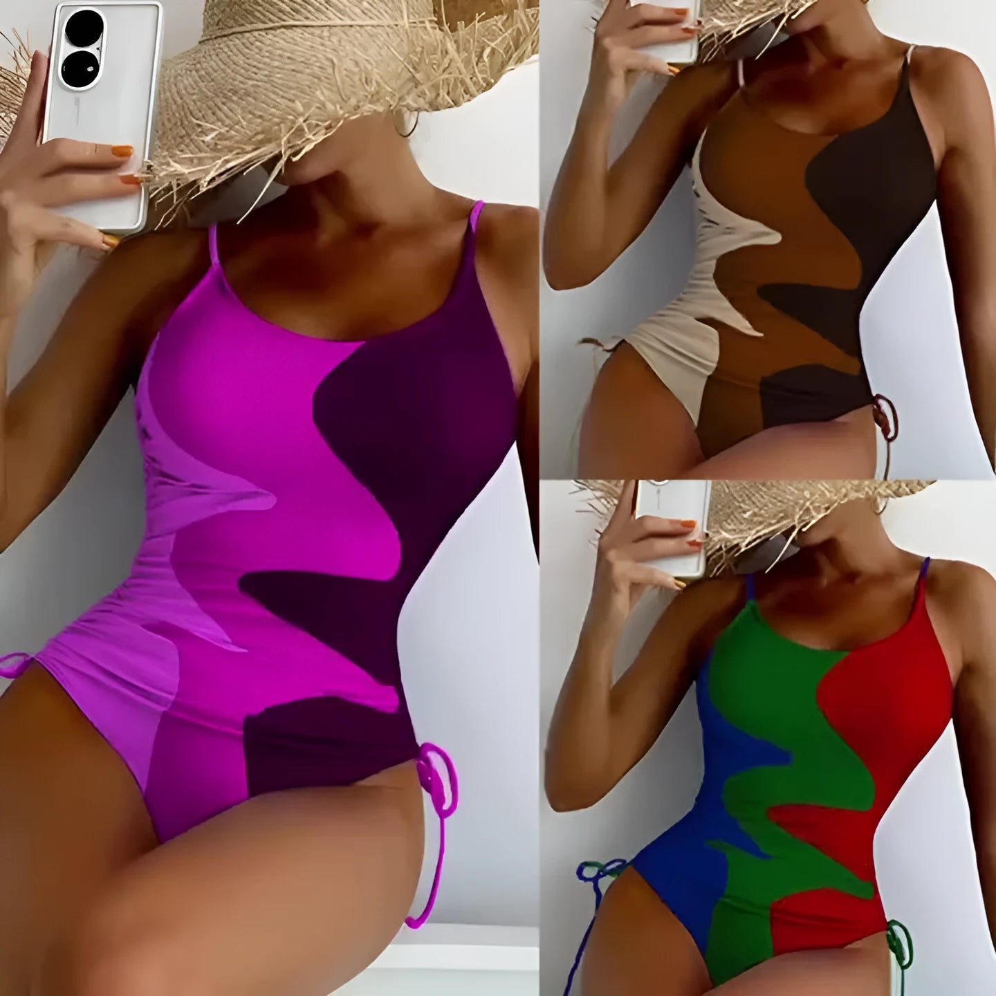 Blue women's sleeveless backless one-piece swimsuit with a striped print, made from polyester and nylon fabric.