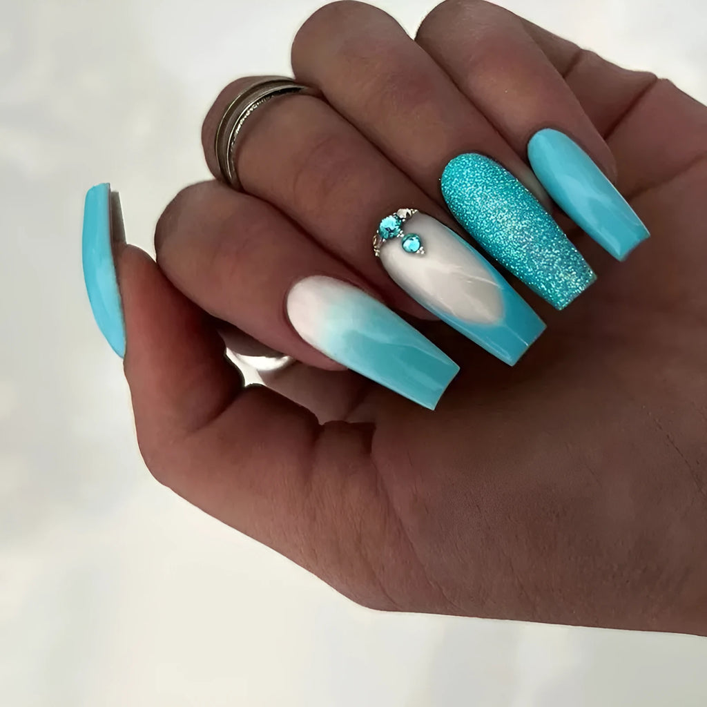 Blue diamond decorated ballerina artificial nails with 20mm length and included glue
