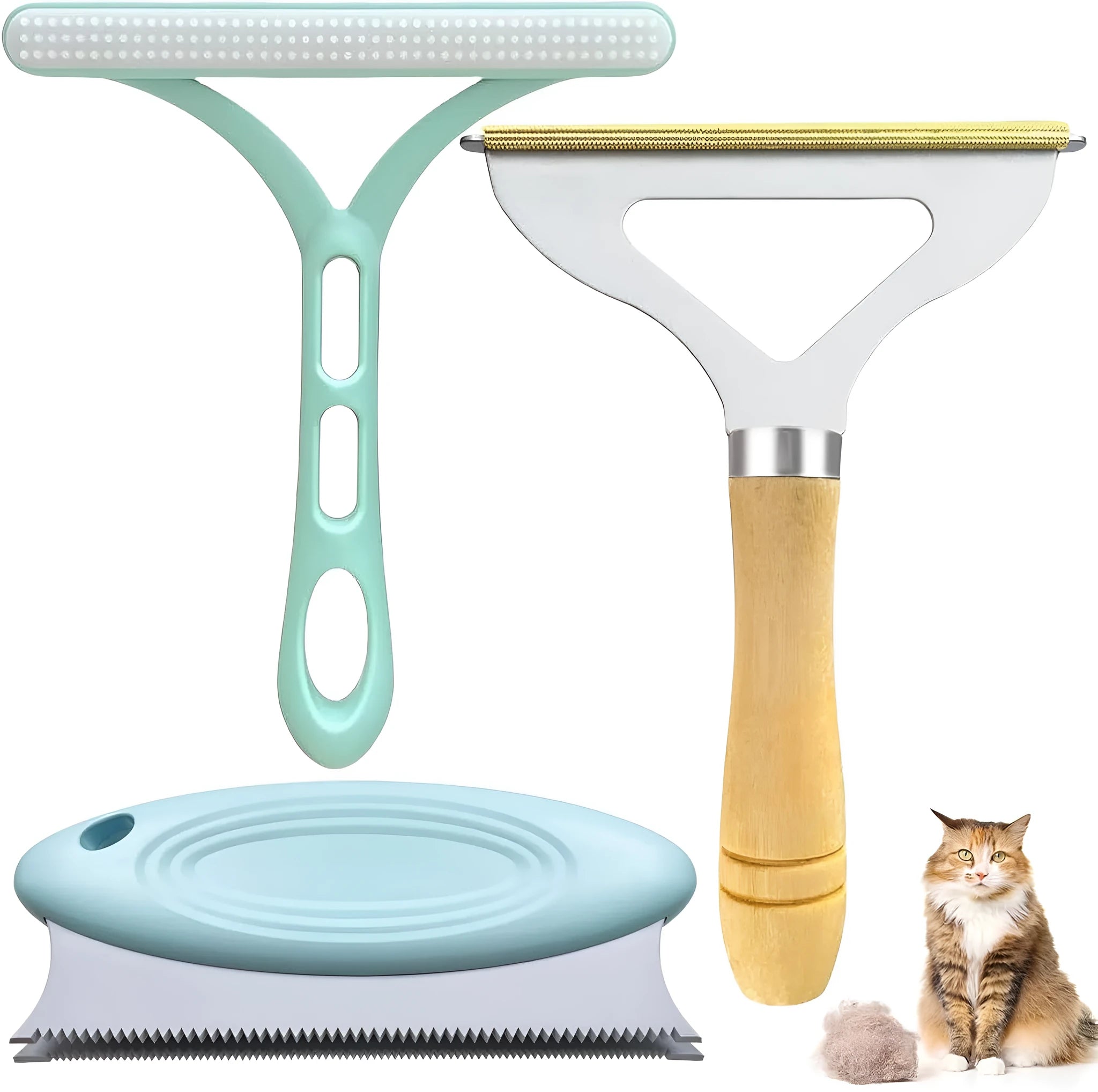 Three-piece pet hair remover set with metal scraper, silicone brush, and round cleaner for removing hair