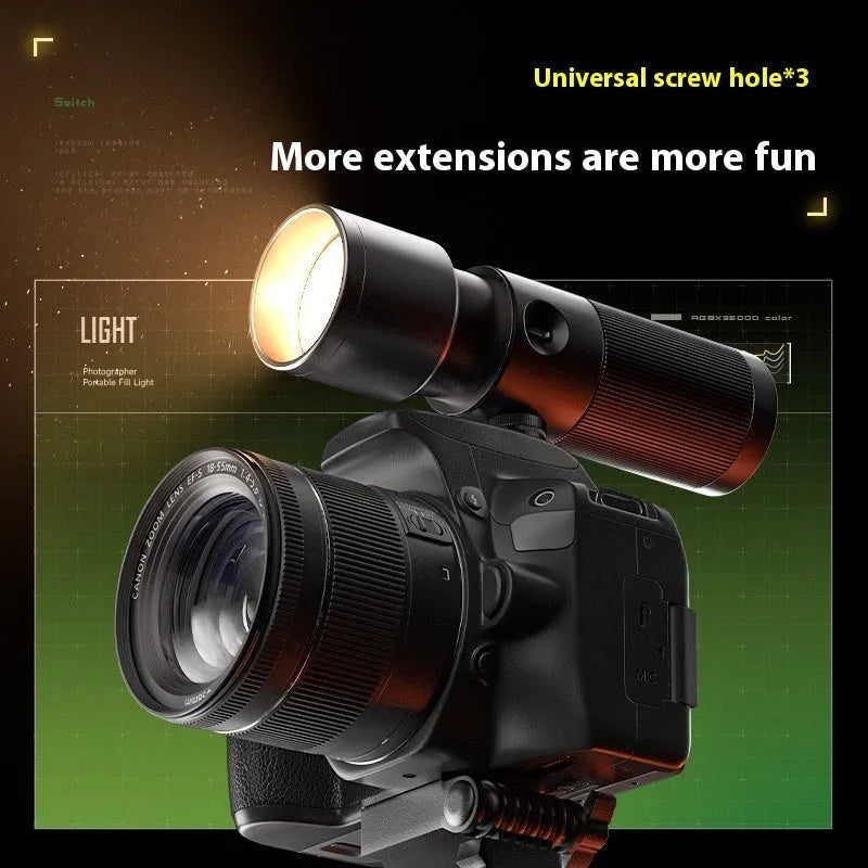 10W handheld LED photography fill light with built-in battery, folding projection cover, and 20 design pieces on a table