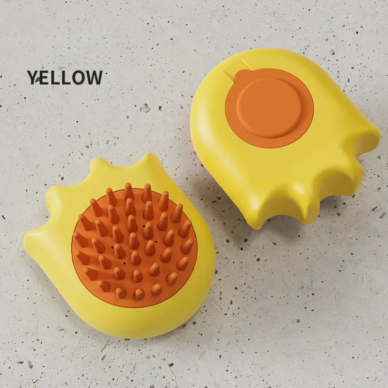 Blue pet bath brush with massage comb bristles and a built-in shampoo box.