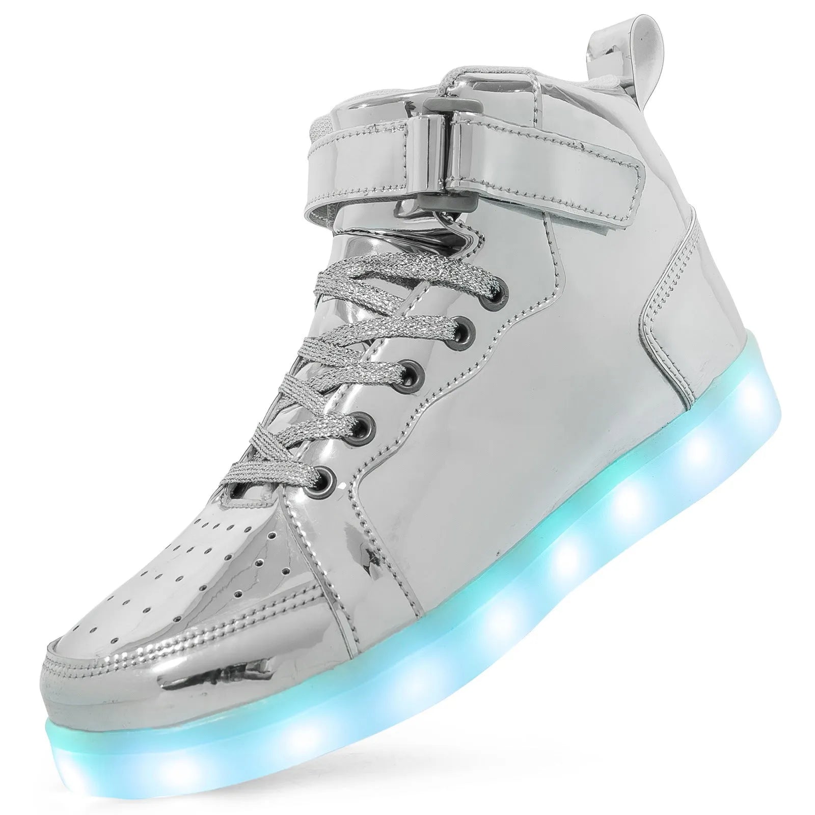 Black high-top LED light-up shoes with Velcro strap and glowing soles