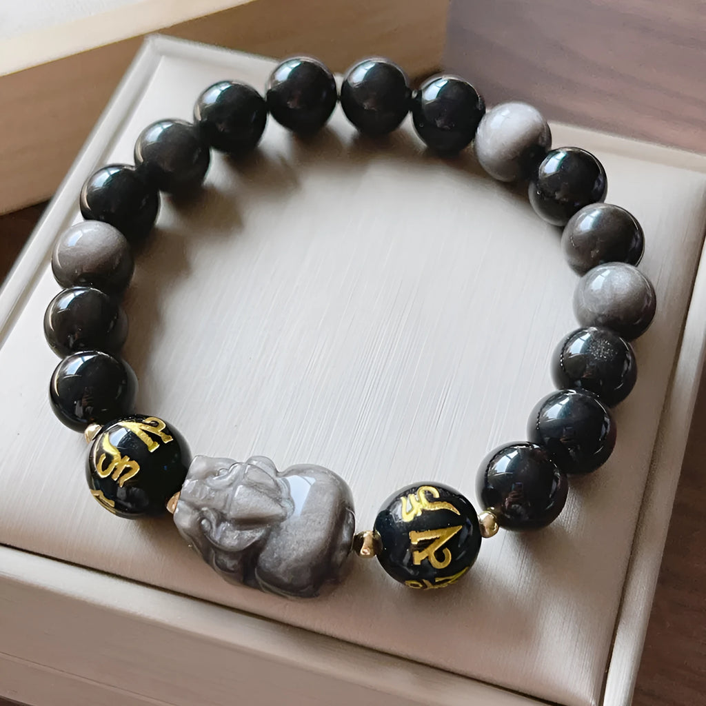 Silver stone men's bracelet with engraved zodiac symbols and Chinese proverbs on adjustable cord