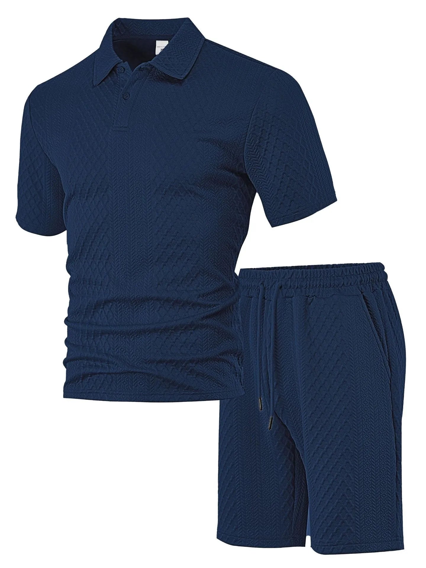 Men's patterned polyester casual suit set with short sleeve polo top and matching trousers
