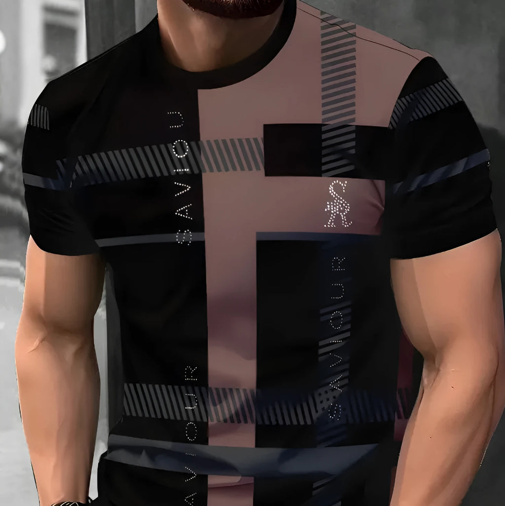 Men's striped short-sleeved t-shirt with digital 3D printing in loose fit polyester