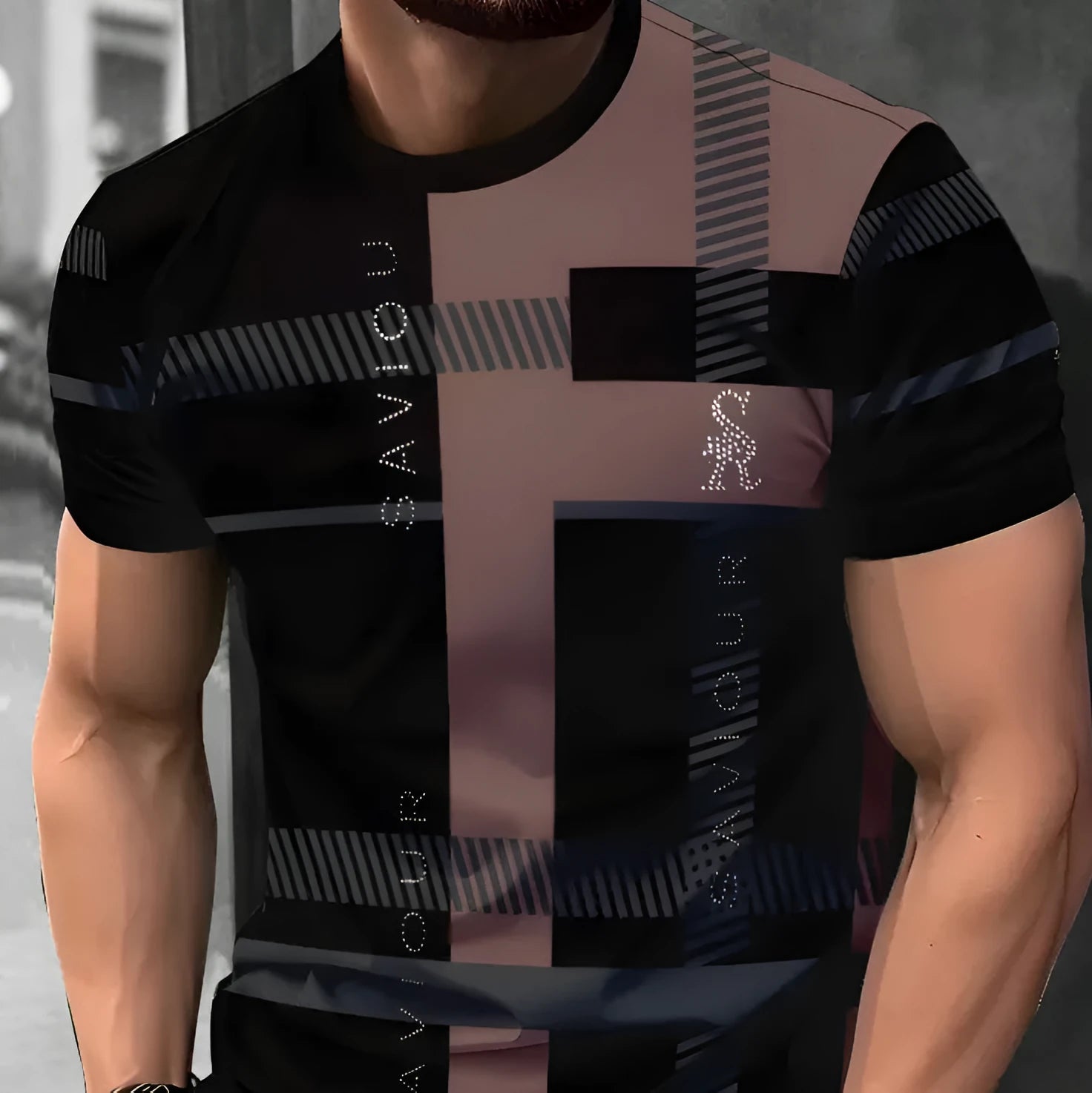 Men's striped short-sleeved t-shirt with digital 3D printing in loose fit polyester