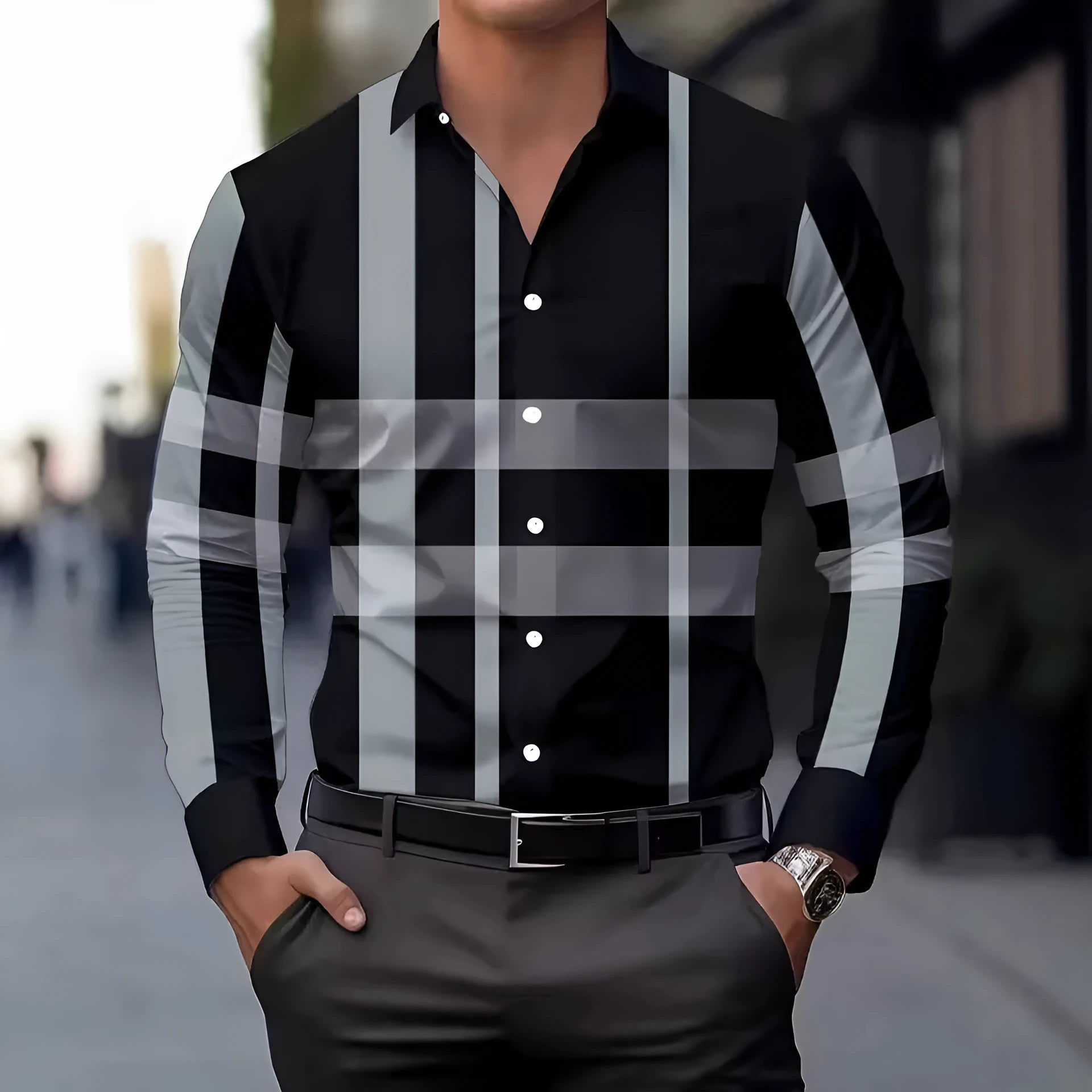 Men's printed long sleeve button-up shirt with lapel collar and striped pattern in polyester fabric