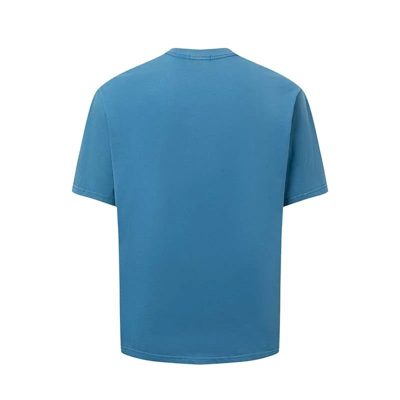 Men's blue American Retro letter printed loose fit cotton blend T-shirt