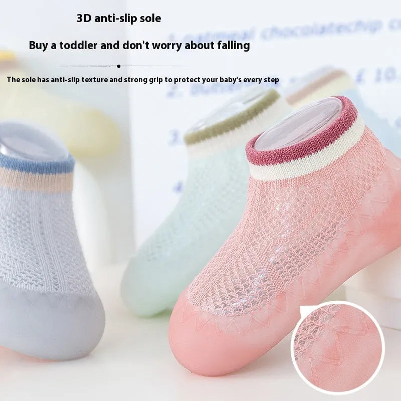 Children's cotton mesh anti-mosquito sock shoes in pink with non-slip sole, short tube style