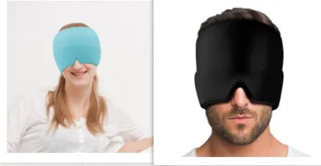 Black elastic cloth gel eye mask for headache relief measuring 22cm by 17cm