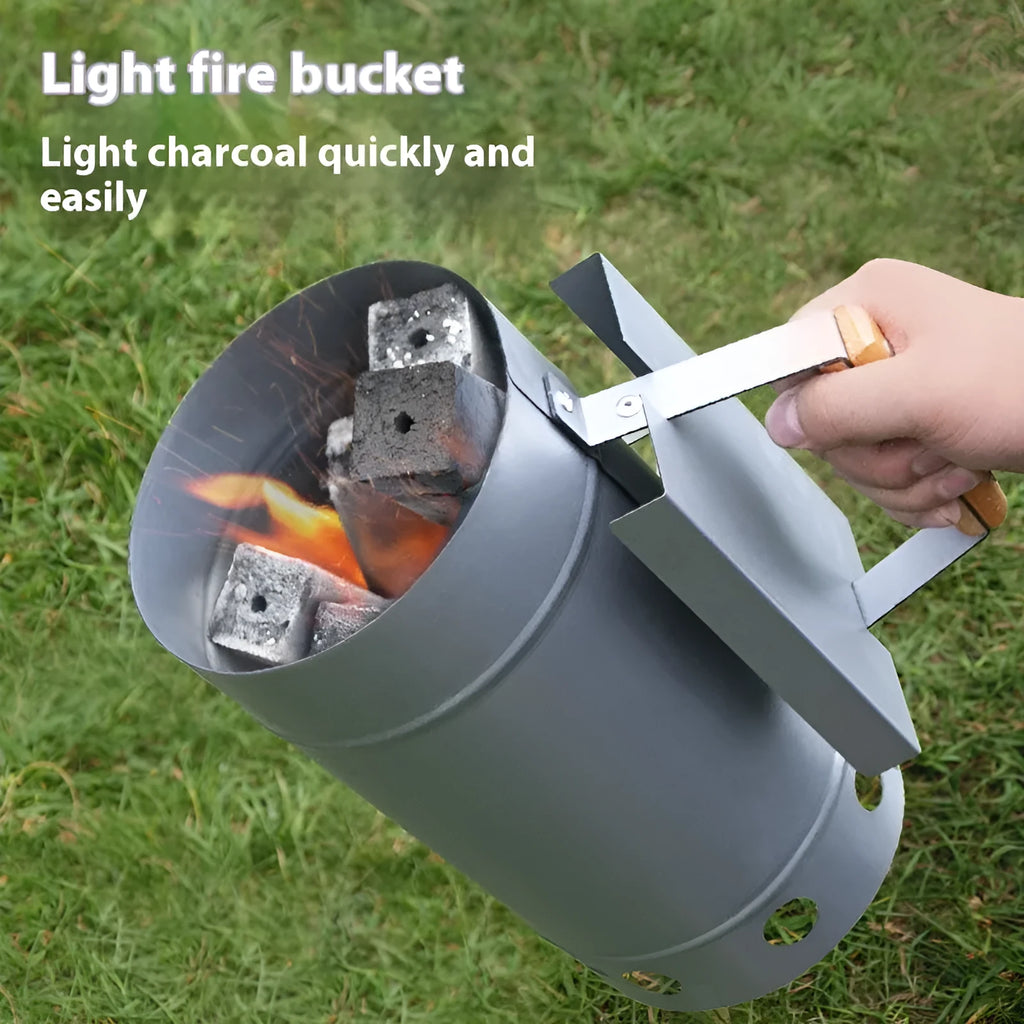 Zinc-iron alloy charcoal fire bucket with carbon finish and included oven igniter